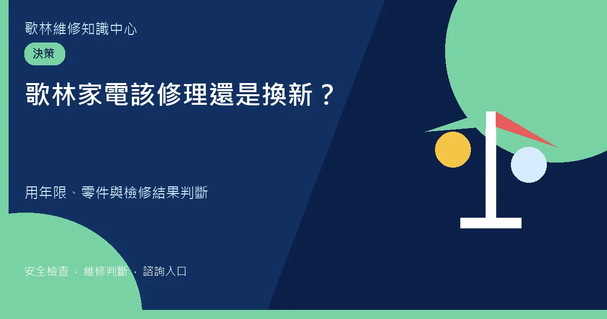 歌林家電修理還是換新比較圖卡,提示年限、零件與檢修結果